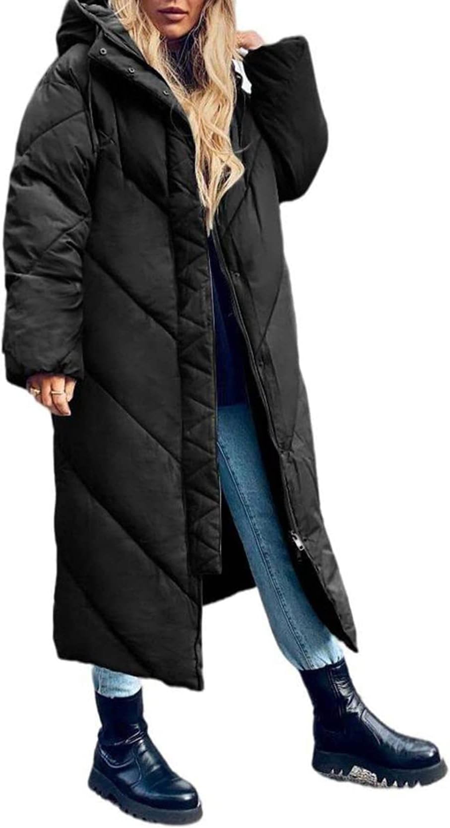 FlygoWomens Long Puffer Coat Long Sleeve Padded Winter Down Coats Hooded Parka Jacket