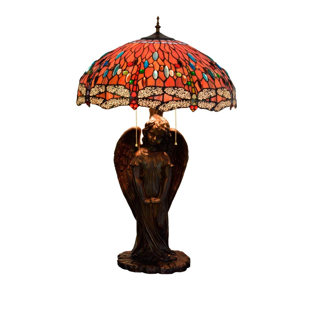 Aioneer Tiffany Red Dragonfly Glass Desk Lamp Angel Lamp Holder For Hotels Bars Restaurants Study Living Room Bedroom Room