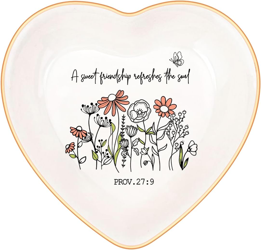 Christian Bible Verse Jewelry Dish Trinket Tray Gifts- Inspirational Ceramic Ring Jewelry Tray Gifts for Women-A Sweet Friendship Refreshes the Soul-Proverbs 27:9 (White)
