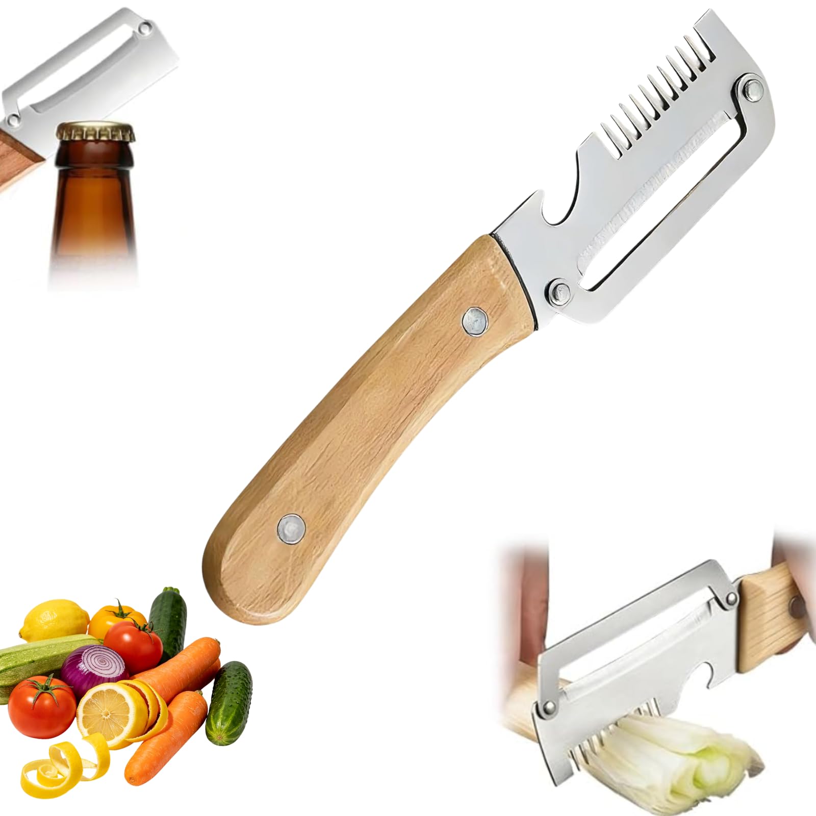 Multifunctional Vegetable Peeler for Kitchen, 2026 New Stainless Steel Peeler with Wooden Handle and Bottle Opener, 3 in 1 Veggie Slicer for Potato Apple Carrot Pumpkin (3in1-Brown-1pc)