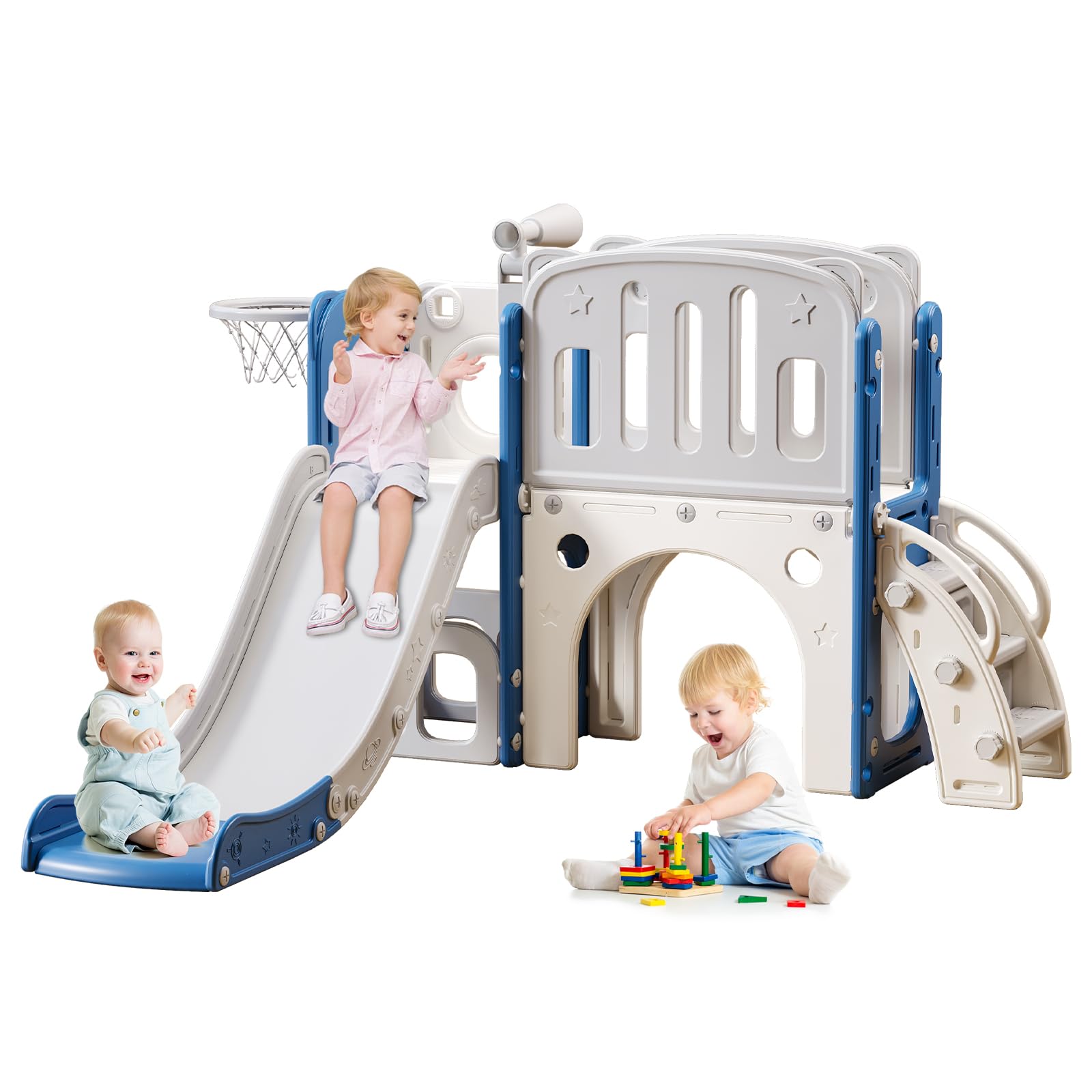 YUYUE8 in 1 Toddler Slide for Toddlers Age 1-3, Extra-Long Slide with Basketball Hoop Indoor and Outdoor Baby Climber Playset Playground Freestanding Slide (Medium, White+Blue)