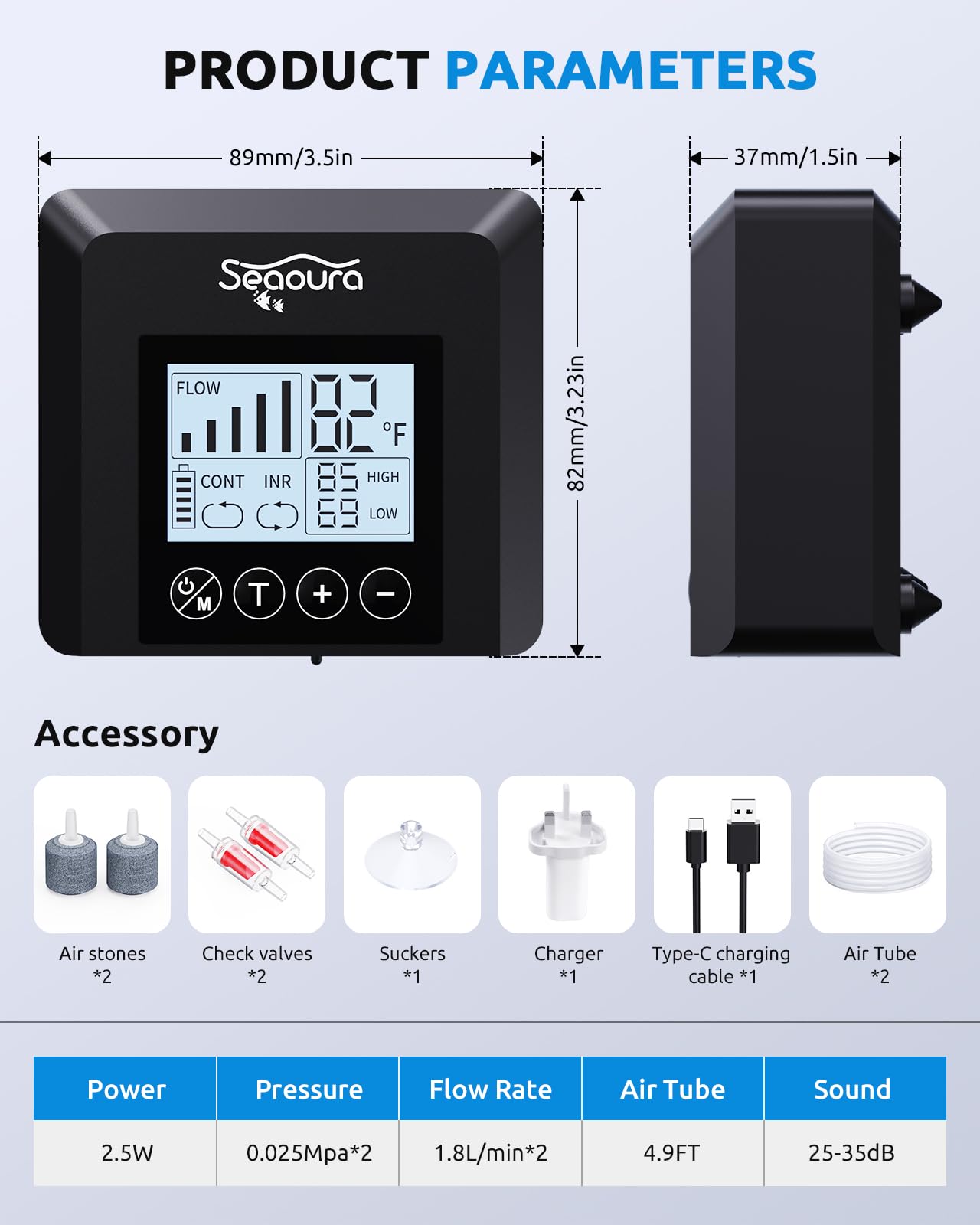 Aireador de peces recargable para cubo de cebo de 2.5 W, bomba de aire de acuario, burbujeador USB para acuarios, bombas de oxígeno portátiles con salidas dobles para peceras, pesca, mudanzas y cortes