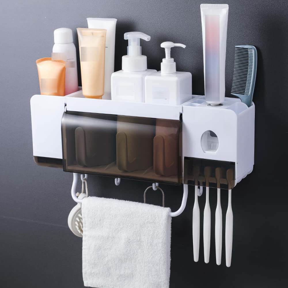 Exprimidor AutomáTico De Pasta De Dientes, Soporte Multifuncional para ArtíCulos De BañO, Soporte De Pared para Cepillo De Dientes con Ventosa para Toallero De Barra