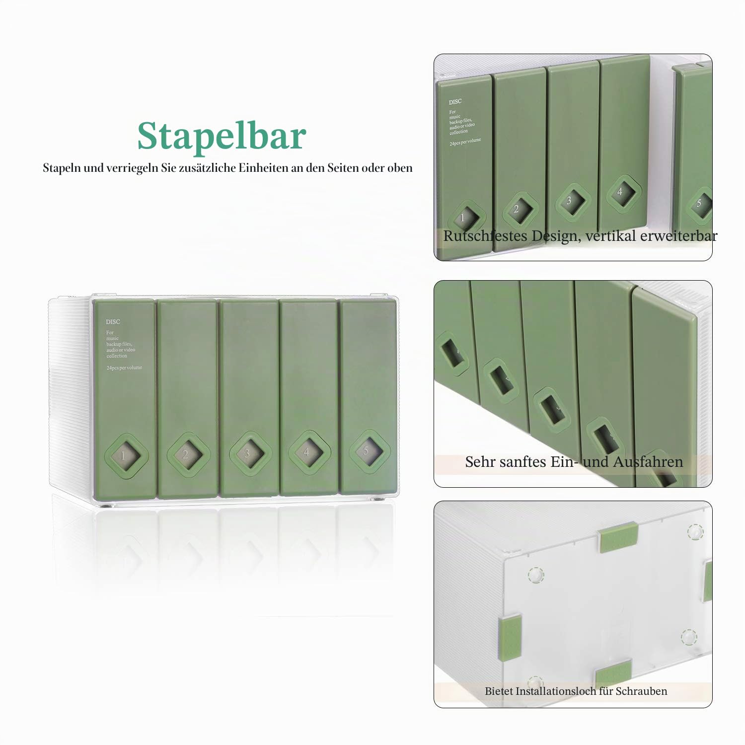 AhfuLife CD/DVD/Blu-ray Aufbewahrung Boxen Farbenfrohe, DVD Box Platzsparende Transport-Hüllen, CD Hüllen für Auto und Zuhause bis zu 120 Discs Ideal für Geschenke (Grün)
