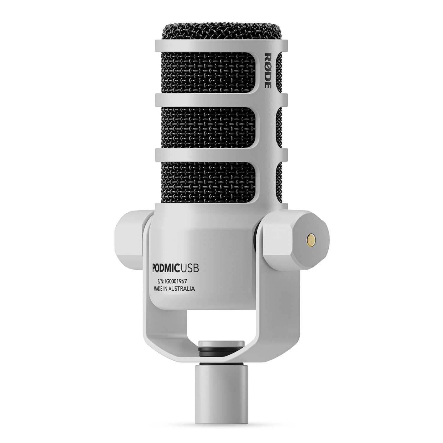 Rode Podmic USB XLR Dynamisches Sprecher-Mikrofon Weiss mit keepdrum MS138WH Gelenkarm-Stativ Weiss