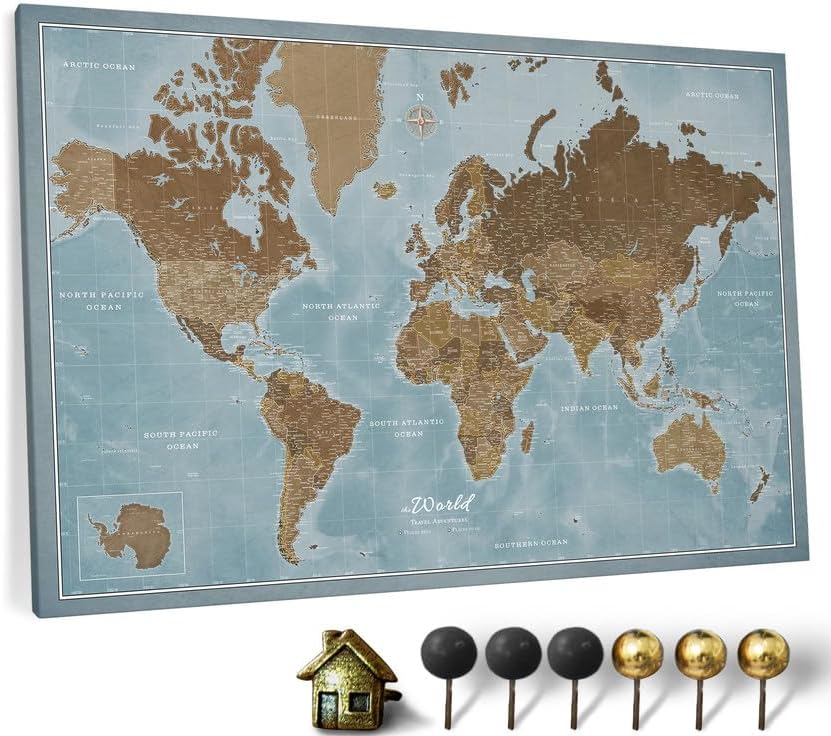 Canvas World Map with Cork Pin Board - English Lettering - Decorative Wall Decoration for All Rooms - Canvas Pictures with World Map Motif (120x80 cm, Pattern 2)