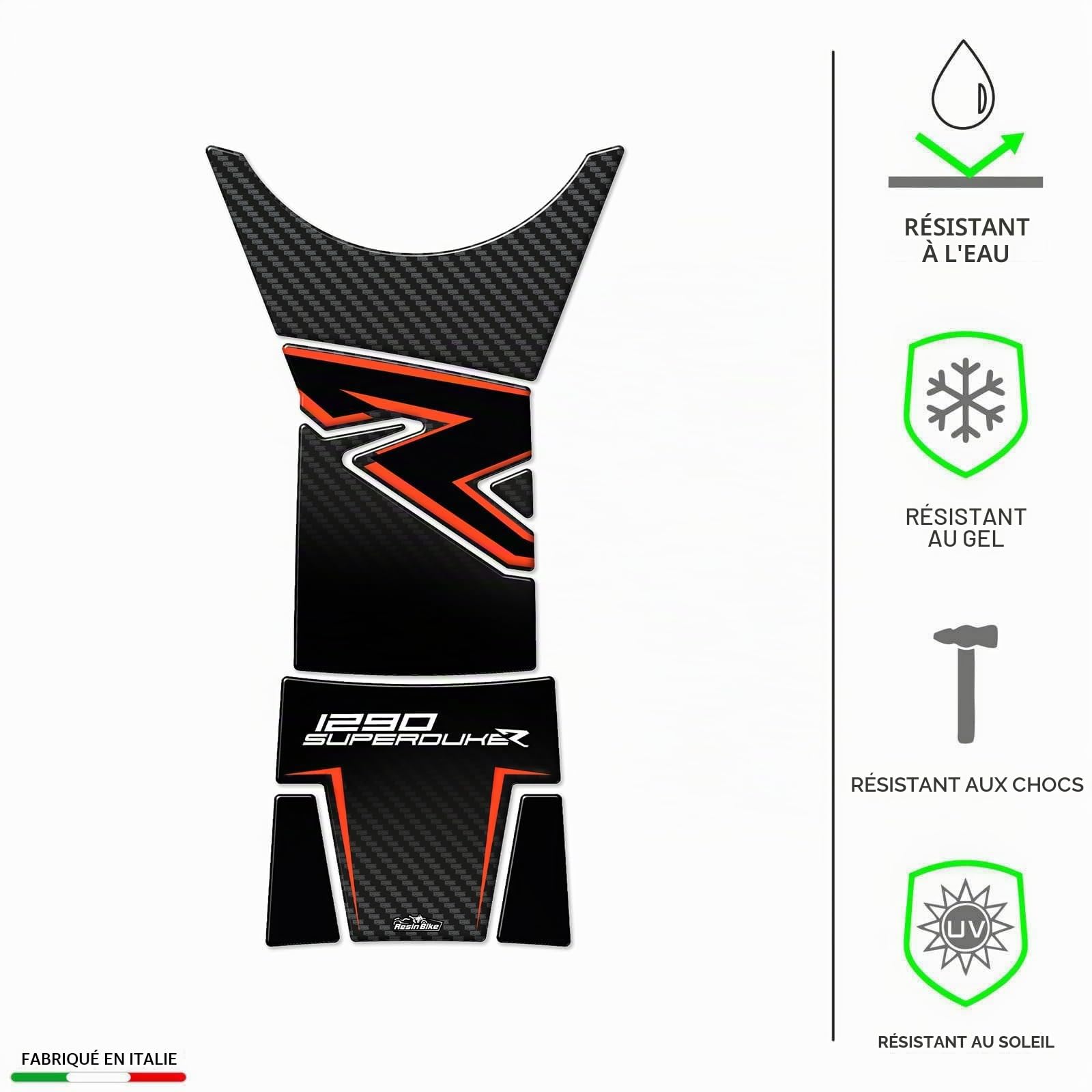 Resin Bike Autocollant Moto Compatibles avec KTM 1290 Super Duke R 2022-2023. Protection de Réservoir Moto Contre Les Chocs et Les Éraflures. Autocollant 3D Résinés Made in Italy