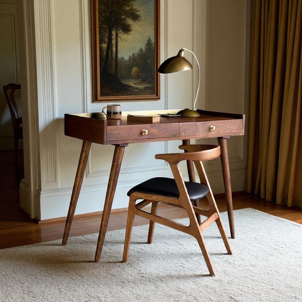 HOMERANGE Wooden Office Study Desk for Home | Laptop Computer Table with 2 Drawer Storage | Writing Table | Solid Wood, Netural Finish