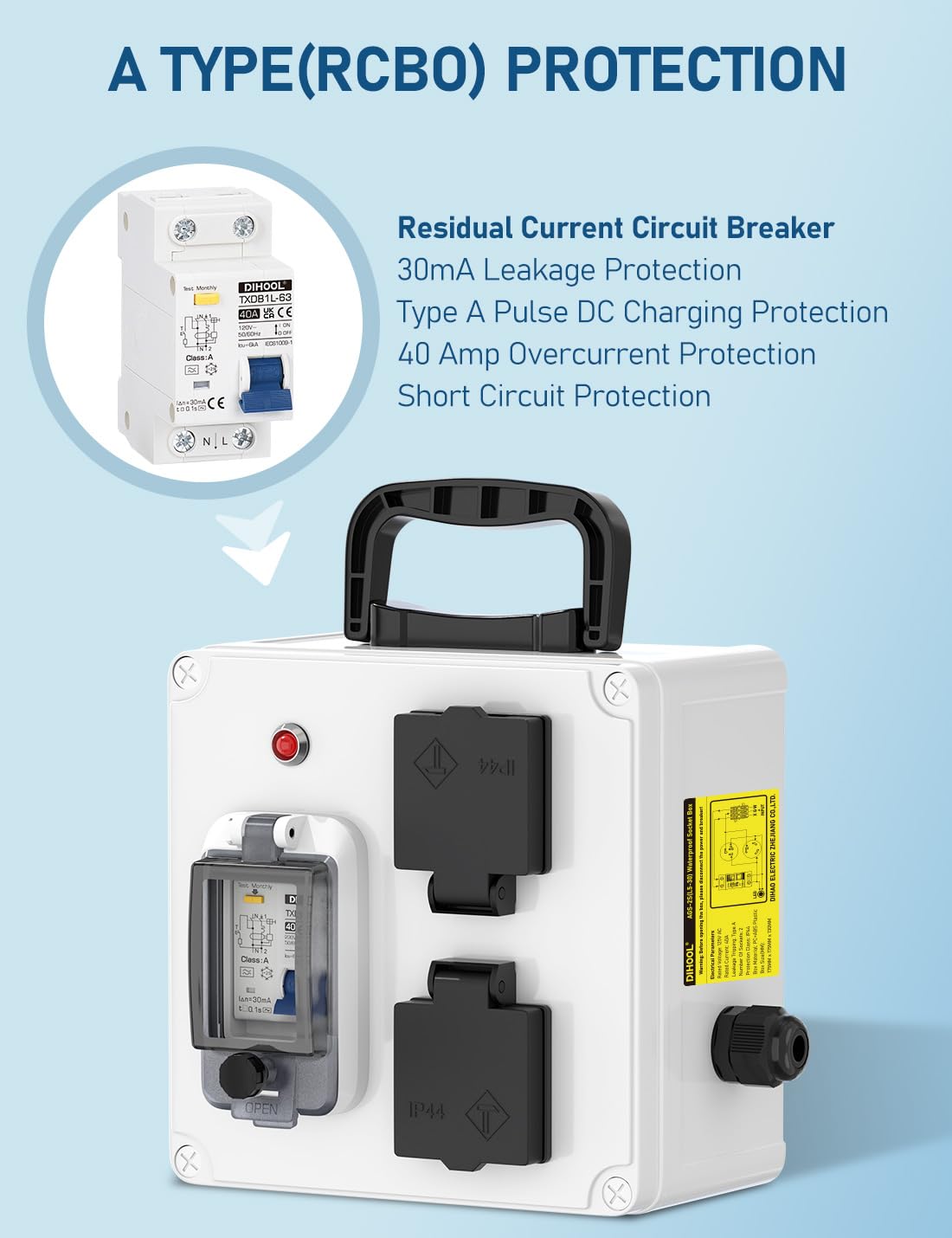 DIHOOL Outdoor Power Distribution Box with Name 30 amp, L5-30 20 amp L5-20 and Type A 40 Amp GFCI Circuit Breaker,125V Temporary Outlet Panel, Pre Wired Surface Mount Electrical Box, IP44 Waterproof