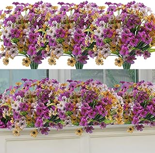 ALAGIRLS 12 Bundles Artificial Flowers Outdoor UV Resistant Plants for Garden, Plastic Fake Plants Silk Flowers for Decoration Indoors, Faux Flowers for Graves in Pots Evergreen, Yellow White Purple