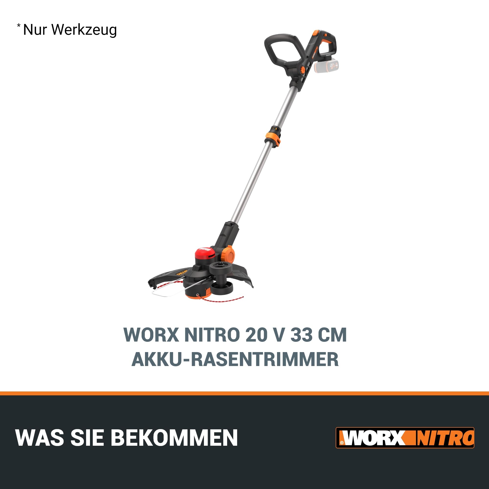 WORX WG173E.9 Akku Rasentrimmer 20V, ohne Akku & Ladegerät | Leistungsstarker bürstenloser Motor, 33 cm Schnittkreis, Nutzungskomfort Dank des Gummigriffs, PowerShare kompatibel