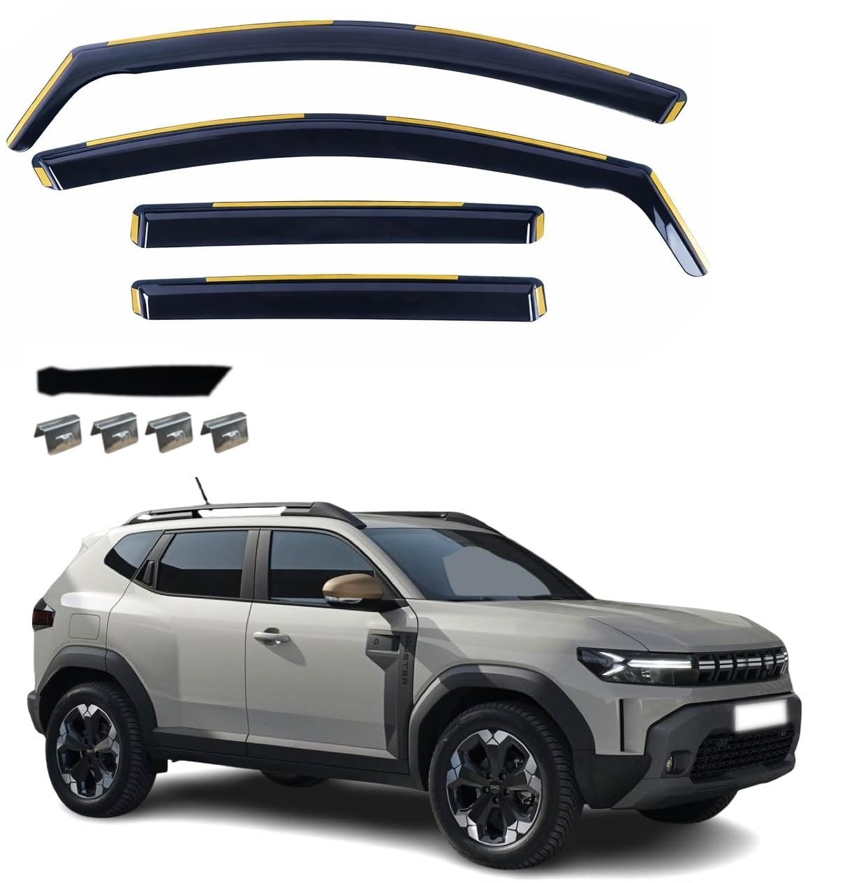 4 szt. Przezroczyste deflektory przeciwdeszczowe do przednich i tylnych szyb samochodowych kompatybilne z Dacia/Renault Duster III 3 (po 2024 r.)