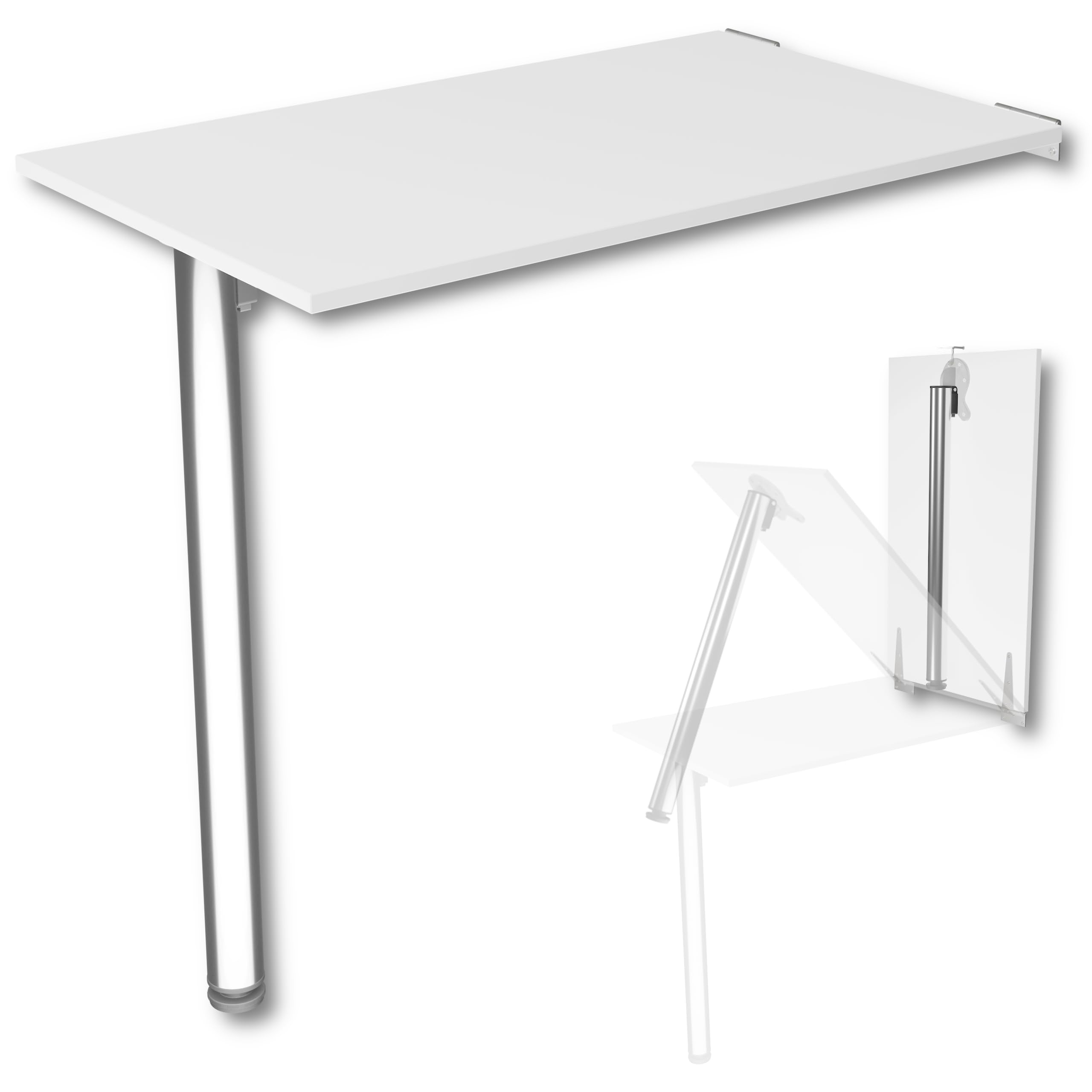 KDR Wandklapptisch 80x50 cm Weiß – Klapptisch mit Tischbein in Chrom zur Wandmontage – als Esstisch, Schreibtisch oder Küchentisch – Höhe 74 cm
