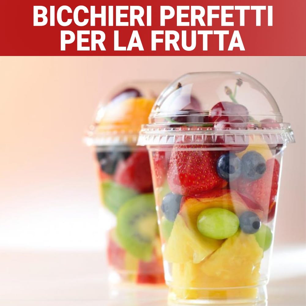 G.M. DISTRIBUZIONE 200 Bicchieri Macedonia in PP da 400ml + 200 Coperchi A Cupola in PS, Bicchieri e Coperchi Trasparenti, Bicchiere Riutlizzabile Alta Qualità per Bar e Gelaterie