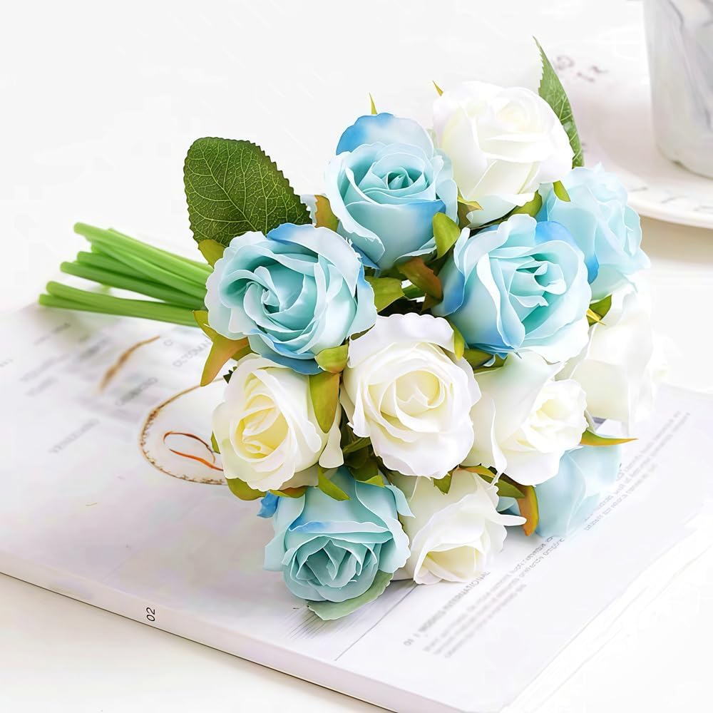 Jasion Artificial Roses Flowers 12 Heads Arrangement Silk Bouquet for Home Office Parties Bridal and Wedding Decoration (Blue and White)