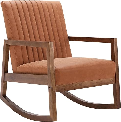 Miniatura 16 de VESCASA Mecedora tapizada con respaldo copetudo de canal, moderna y cómoda de mediados de siglo con cera de aceite de piel sintética con marco de