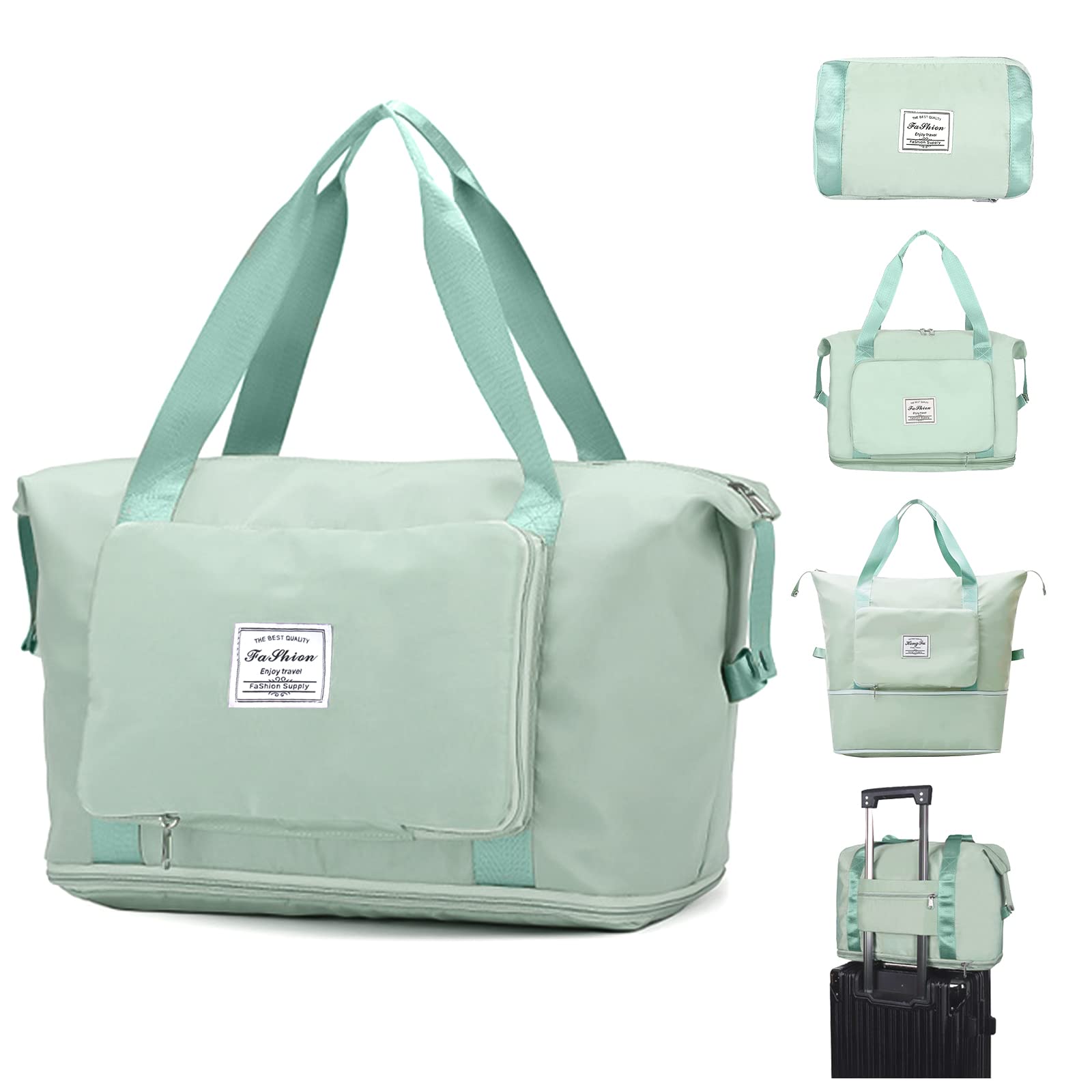 SUDEAUOUnisex-Adult Large Capacity Folding Travel Tote Bag, Oxford Fabric Waterproof Lightweight Portable Expandable Travel Bag, Dry & Wet Separation Carry On, Green, Large