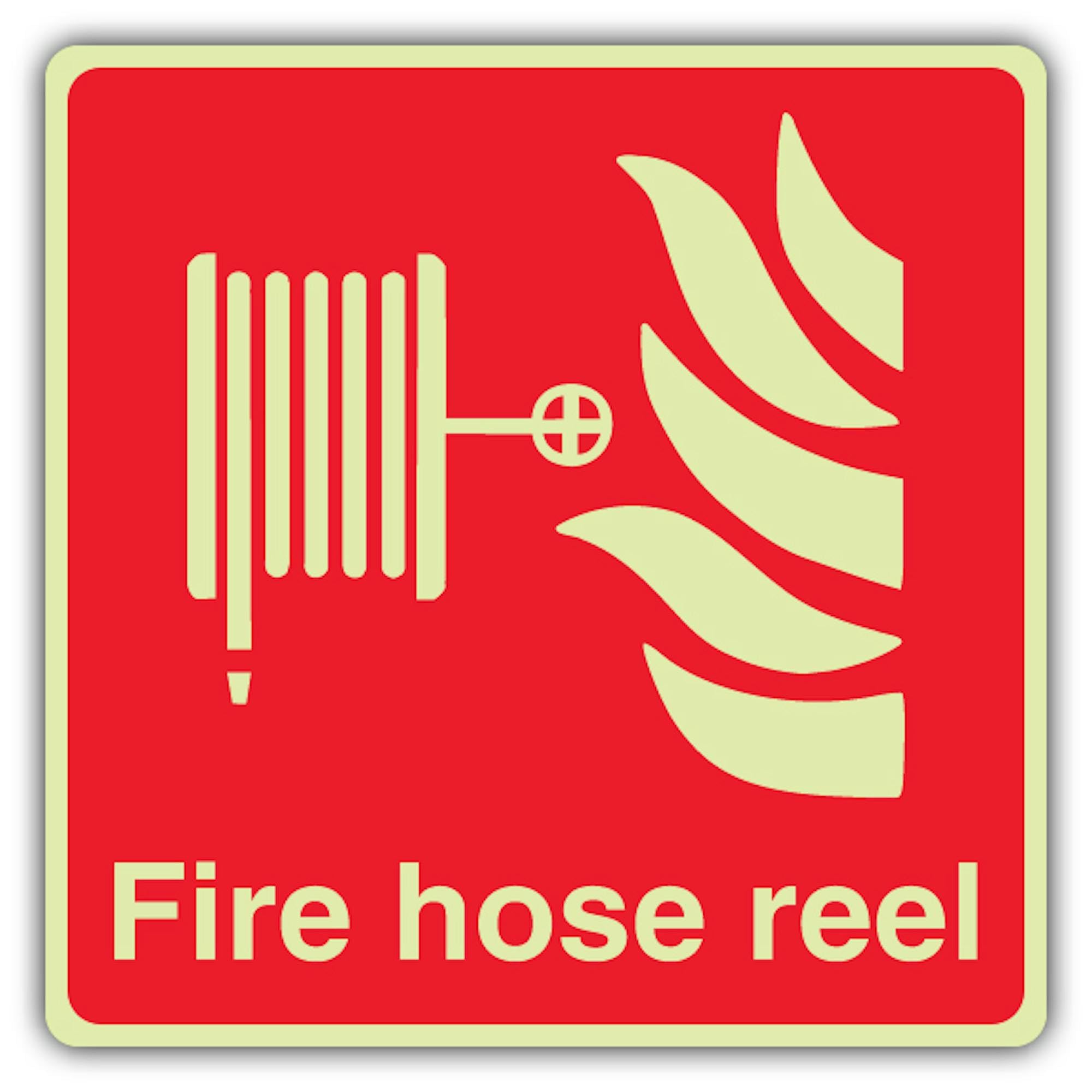 V Safety - Señal de carrete de manguera de fuego que brilla en la oscuridad, formato cuadrado, 450 x 450 mm, hecho de plástico rígido de triple brillo, señalización de seguridad contra incendios
