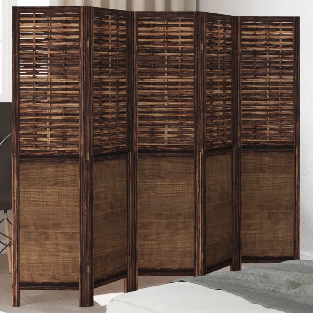 Recinzione da 5 pannelli in legno di paulownia massiccio, marrone scuro