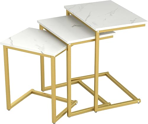 Miniatura 17 de Tangkula Juego de 3 mesas anidables, mesa auxiliar rectangular apilable con parte superior de madera y patas de metal, almohadillas ajustables para