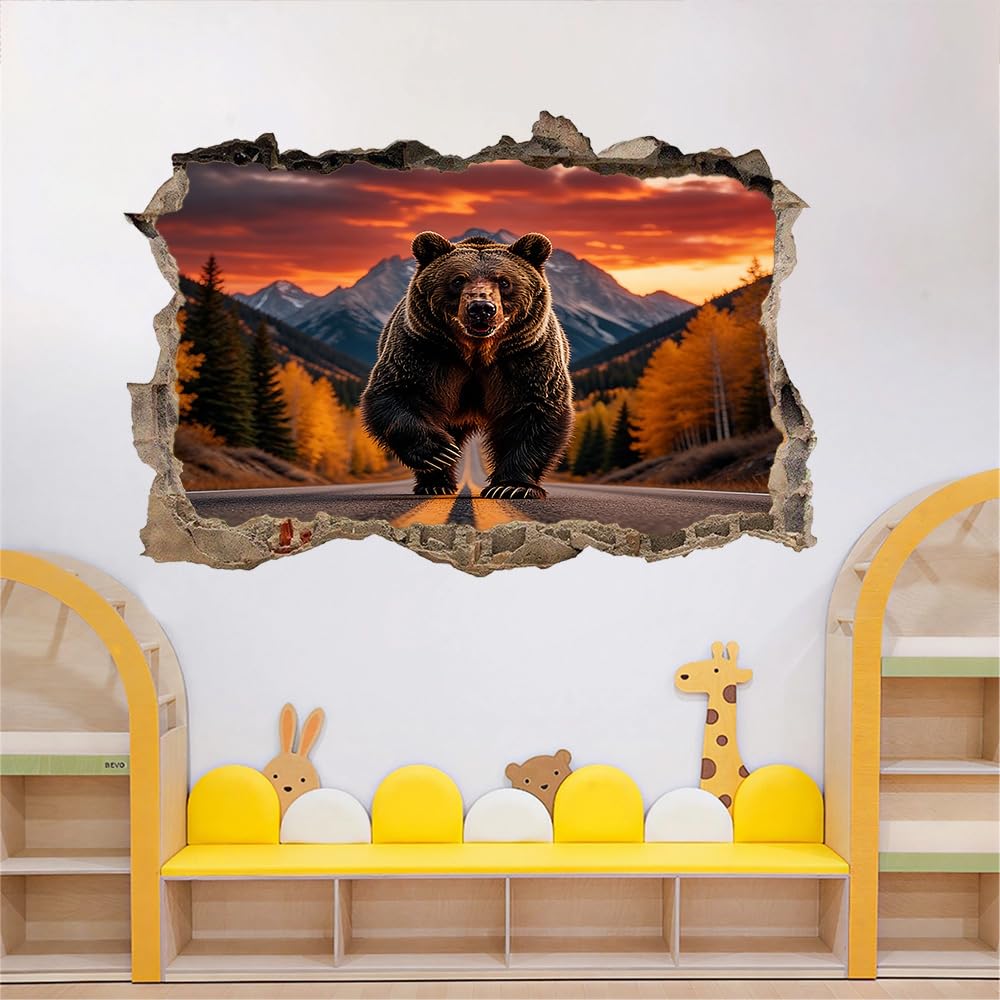 3D Durchbruch Wandtattoo Mädchen Kinderzimmer Bären Wandaufkleber Dekorative Berglandschaft Wandsticker für Junge Teenager Zimmer Wohnzimmer Schlafzimmer Wandbilder Deko