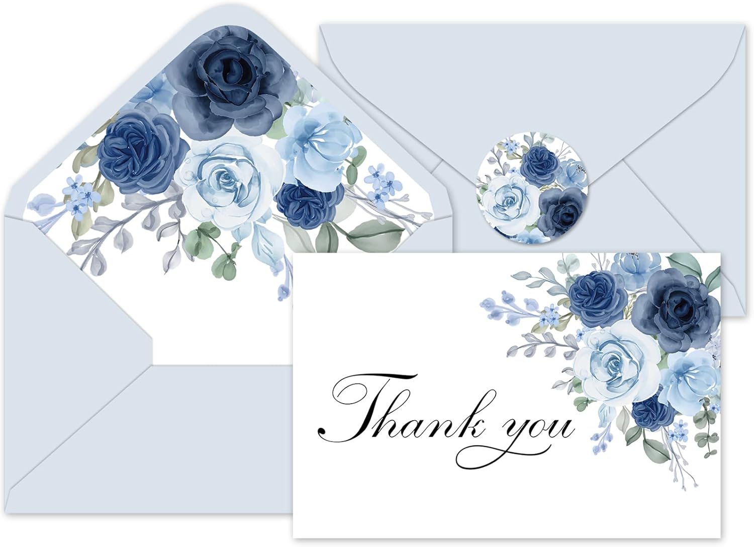 Whaline 36Pcs Dusty Blue Floral Thank You Cards with Envelopes and Stickers Blue Rose Greeting Cards Blank Note Cards for Weddings Bridal Shower Baby Shower