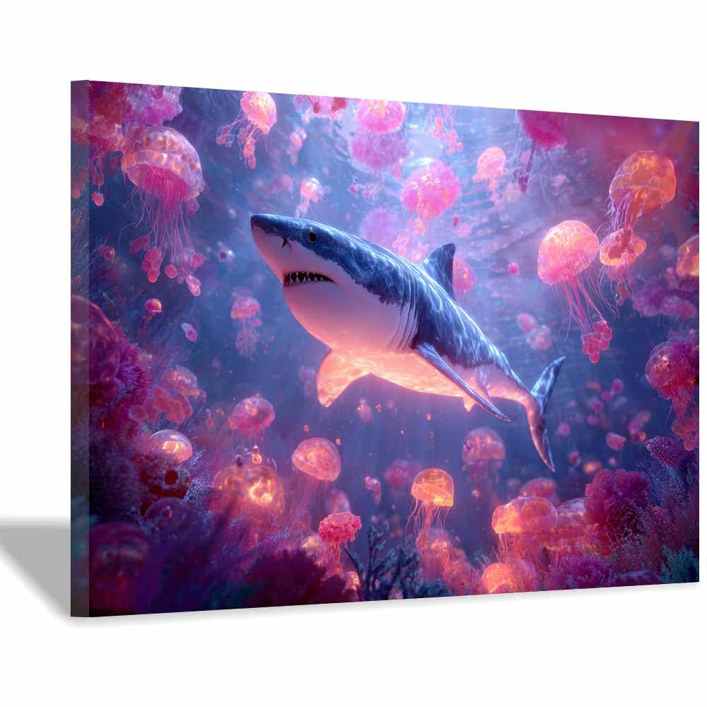 HUYEEI Canvas Wall Art Beachs Sharks withs Jellyfishs marine animals Seascape Vintage Artwork for Seaside Livings Room Bedroom Bathroom Decor(pink)-60x90cm Framed
