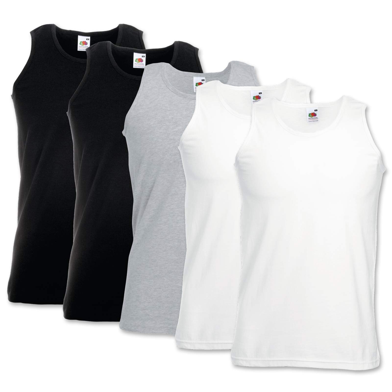 5 Pack of Fruit of the Loom Mens Athletic Vests Tank Top T Shirt Sizes and Colours (XXL Mens 47-49 Inch Chest, 2 Black 2 White 1 Grey)