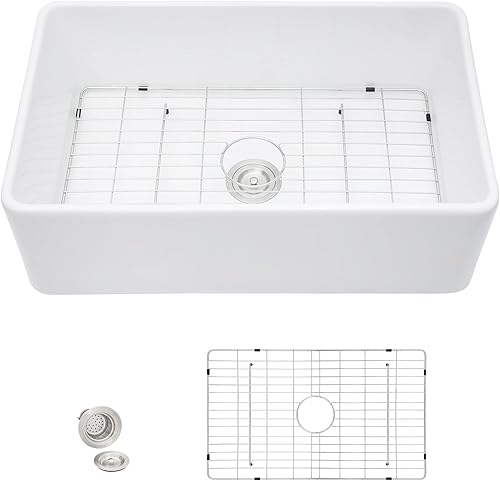 Fregadero de cocina de 33 x 18 pulgadas, color blanco, delantal plano frontal de porcelana de cerámica blanca de arcilla refractaria profunda de un