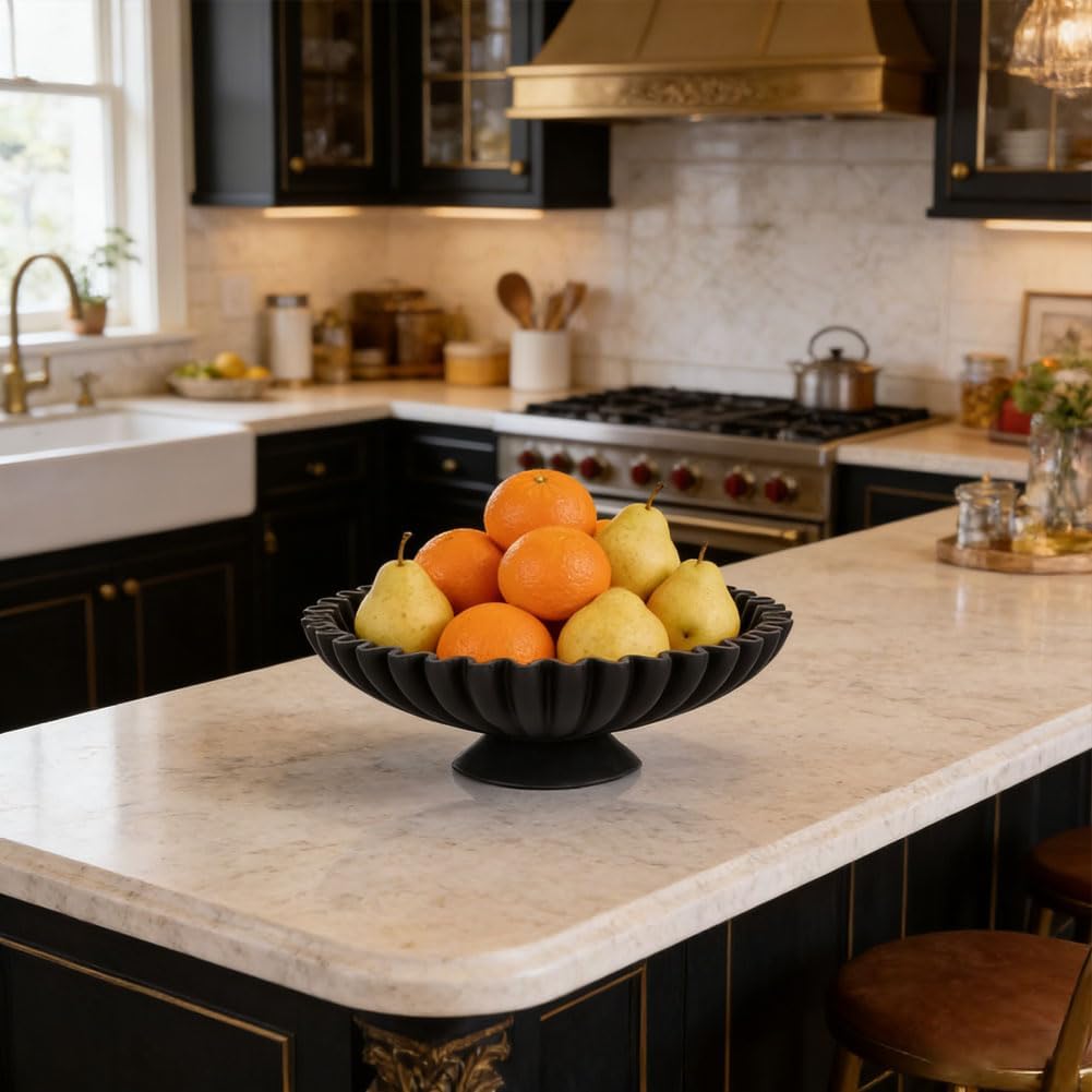 QIANLING Large Black Decorative Pedestal Bowl - Modern Resin Handcrafted Decorative Fruit & Key Bowl for Home Decor, Entry Table, Kitchen Counter, Coffee Table, Side Table, Living Room Accent