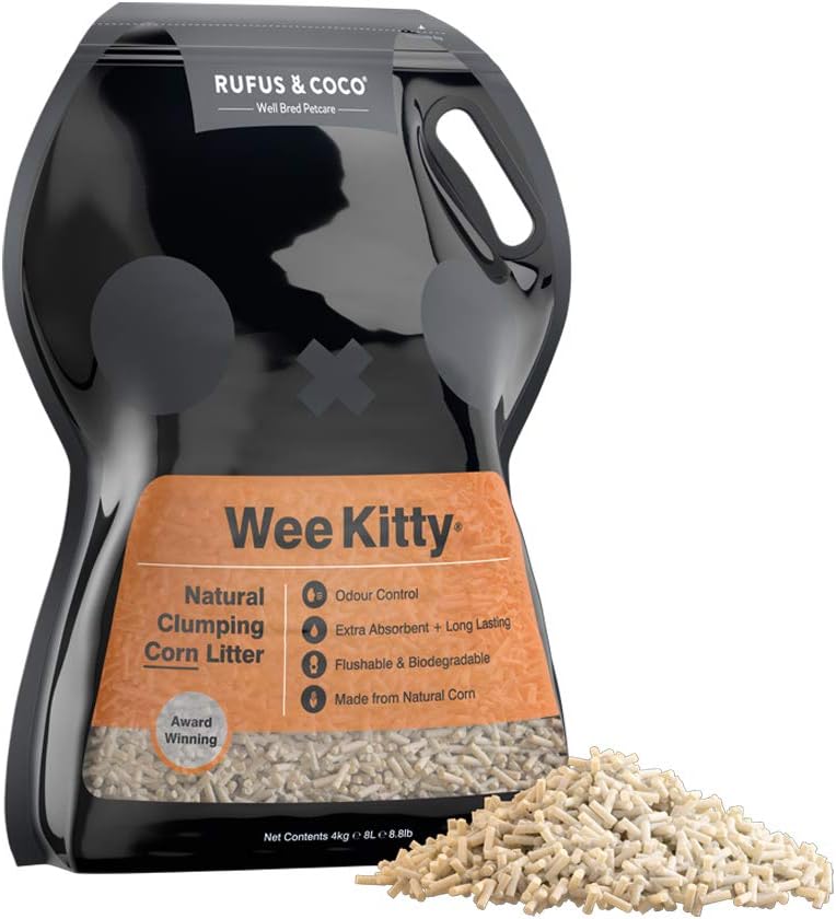 Rufus & Coco WeeKitty | Natural Flushable Clumping Cat Litter | Low Tracking Biodegradable Pellets | Corn 8.8lbs bag
