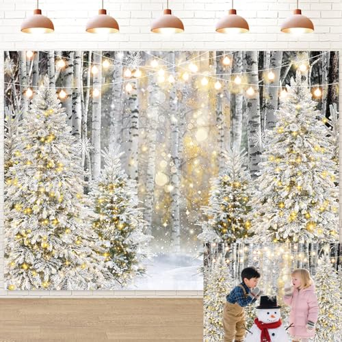 Winter Forest Scene Photography Backdrop 7x5FT Golden Christmas Tree Snowflake