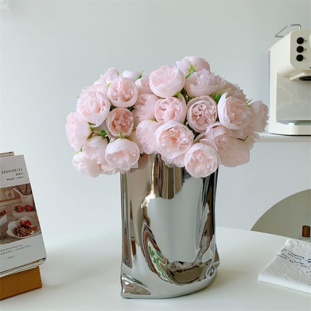 Flores artificiales con jarrón de flores de seda, ramo de peonías artificiales, flores artificiales para comedor, decoración del hogar, cocina, boda, fiesta, oficina, 2 ramo+jarrón, rosa claro