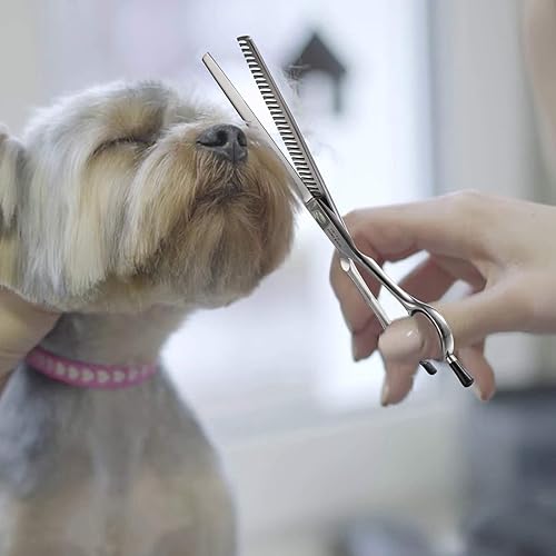 Miniatura 6 de PURPLRBIRD Tijeras rectas de aseo para perros de 7 pulgadas, tijeras texturizantes para adelgazar mascotas, seguridad profesional, punta roma, corte