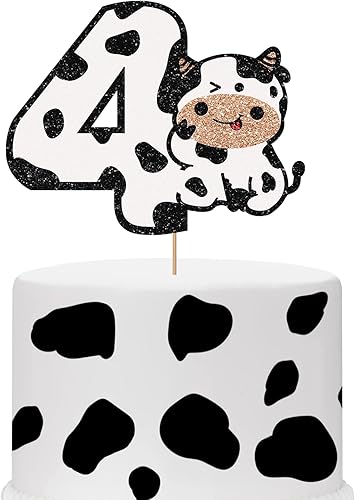 Decoración para pastel de 4 cumpleaños de vaca con purpurina blanca, decoración de pastel de vaca sagrada con texto en inglés "I'm Fow" para niños y