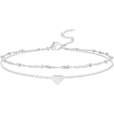 Large Sterling Silver 11 Inch Anklet with Heart Link Charm for Women