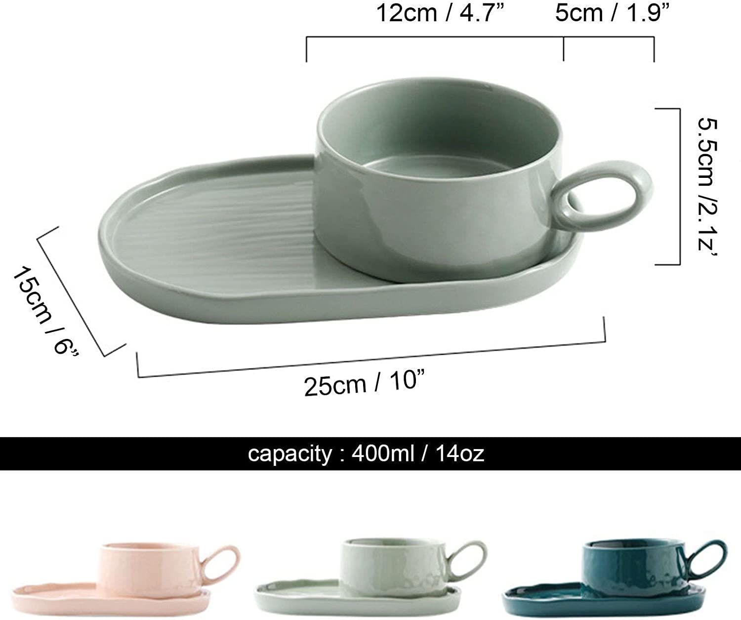 Taza de sopa con asa Tazón, Desayuno cerámica Café Té Tazas, Tazones asas y platos gres, Platos tazones Juegos 1 persona, desayuno soporte for galletas.-Rosa (Color : Oneco(Light Green)