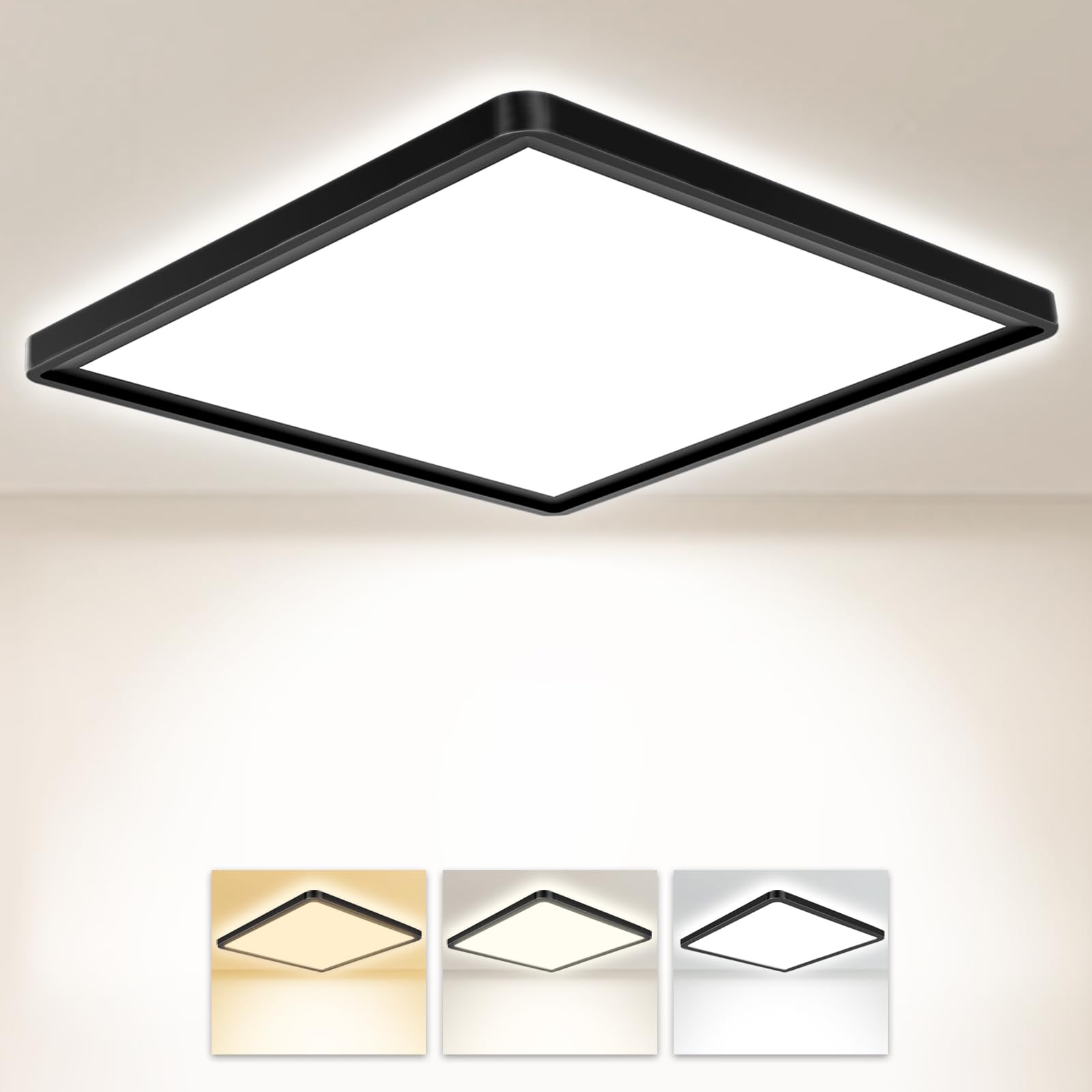 Seruno X Black 29Cm Bathroom Light 24W 3200Lm 6000K/4000K/3000K Ip54 Waterproof Ultra Thin Bathroom Lights Ceiling, Square Flush Ceiling Light For Kitchen Bedroom Toilet Porch Hallway Living Room Office