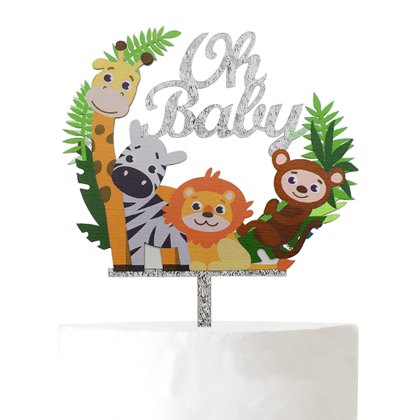 Oh Baby Animals Cake Topper Silver Glittery Acrylic for Jungle Theme Baby  Shower Child Birthday Party Decoration Supplies