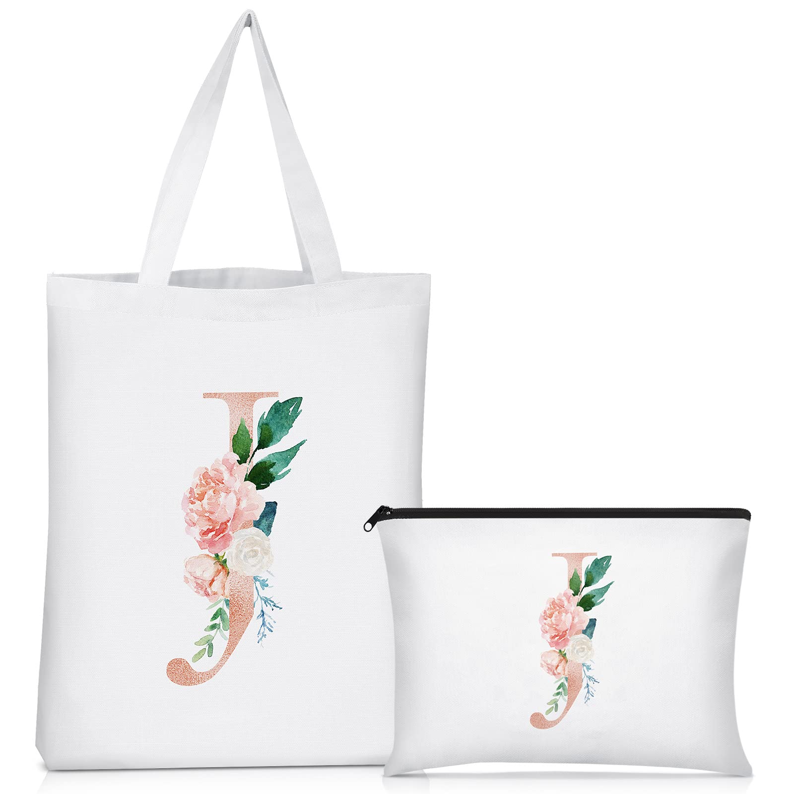 Sanwuta 2 Pcs Valentine Initial Canvas Tote Bag Wedding Gift Floral Letter Travel Cosmetic Bag Monogrammed for Woman Wedding