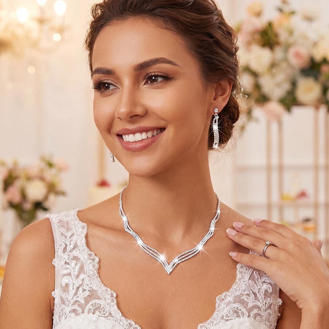 Unicra Wedding Jewelry Set Silver Rhinestone Necklace Earrings Set Prom Jewelry sets for Brides and Women