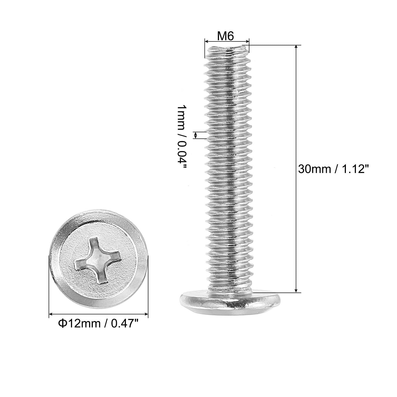 PATIKIL Flat Round Head Phillips Screws, 8 Pack M6-1 x 30mm Binding Screws 304 Stainless Steel 18-8 Full Thread - Image 2