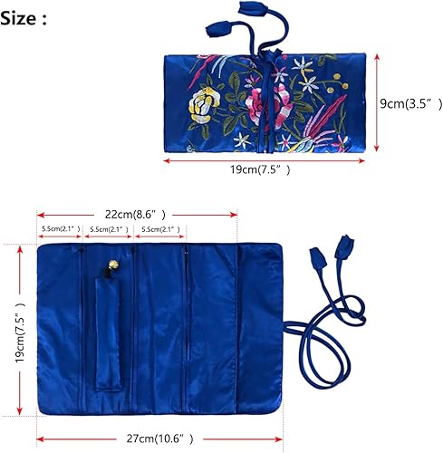 Miniatura 2 de Wei Long Jewelry Roll, bolsa de viaje para joyas, brocado bordado de seda con cierre de lazo (flor, verde)