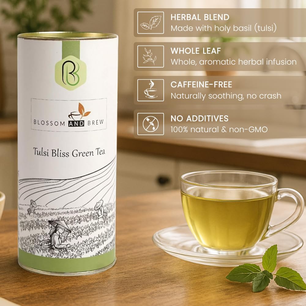 Blossom & Brew Tulsi Bliss Green Tea (3.52oz) - Premium Darjeeling Green Tea with Holy Basil - Aromatic Indian Chai Blend with Fresh Flavor and Natural Antioxidants - Energize with Hot Brew