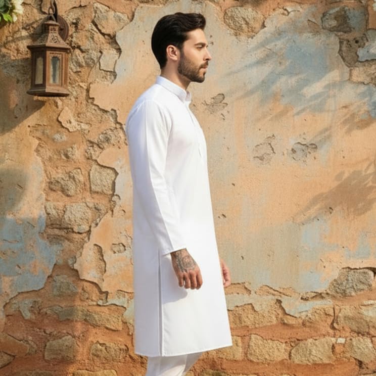 Image of Men's Cotton Blend Blend Knee Length Solid Color Style Stright Long Mandrin Collor Ethnic Casual Wear Kurta Only