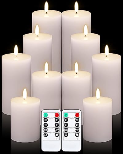 Miniatura 1 de Juego de 10 velas blancas sin llama velas LED parpadeantes con control remoto velas realistas de cera real velas de pilar sin llama pilas LED pilar