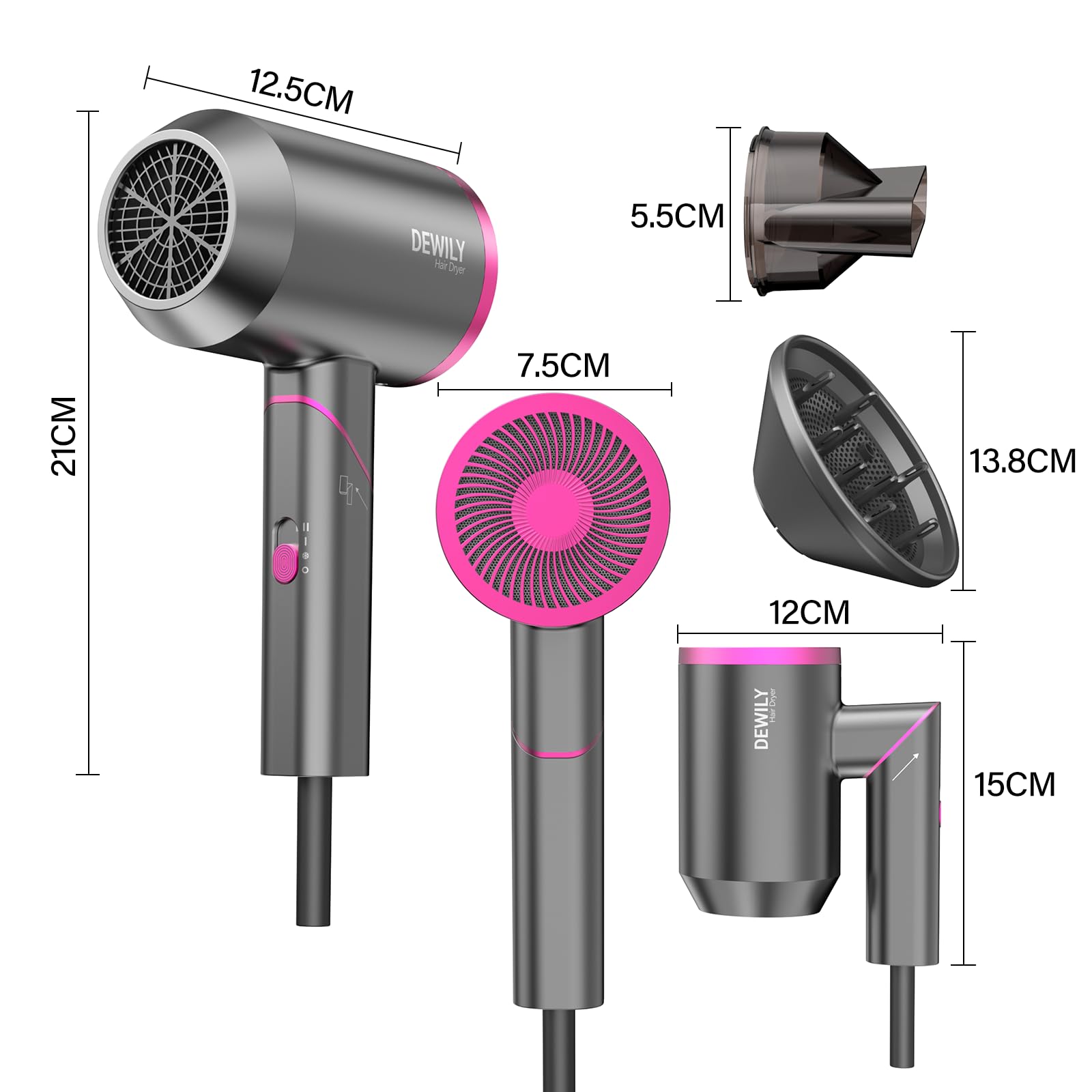 Phon Capelli Asciugacapelli Professionale da Viaggio - asciugacapelli professionali, Maneggevole e Compatto, 1800W, Manico Pieghevole, 3 Temperature, Concentratore，Fono Capelli Ionico，Grigio/Rosa