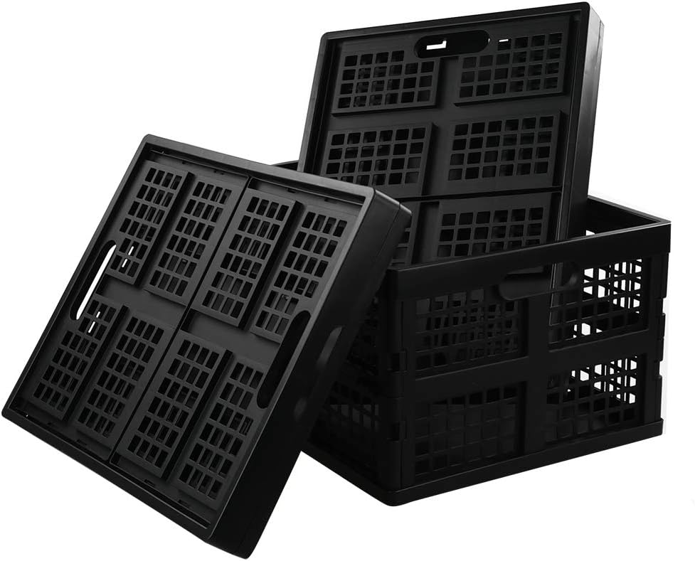 Foldable Plastic Crates, Set of 3 Foldable Crate for Storage, Black