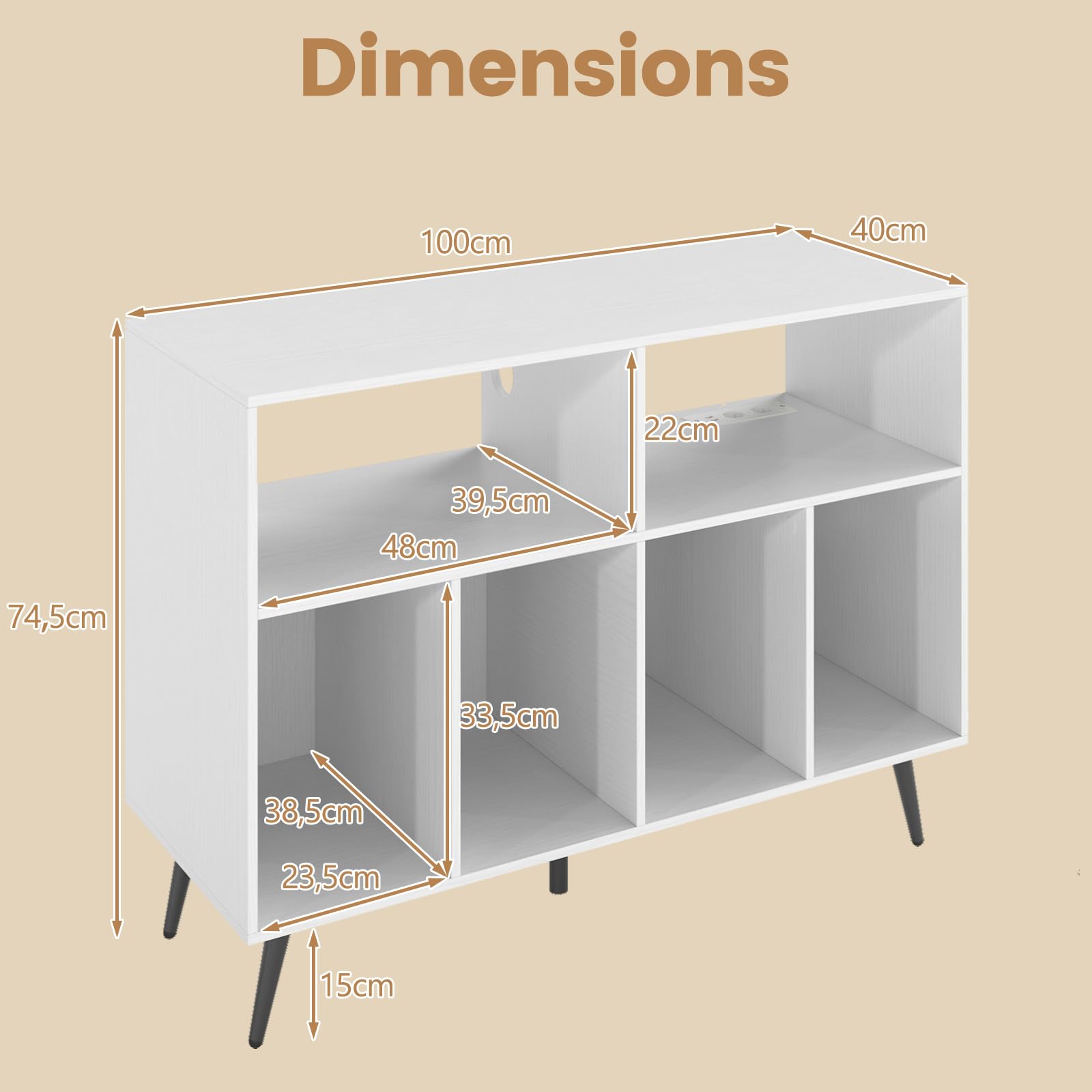 COSTWAY Meuble Rangement Vinyle pour Albums, 6 Compartiments, Rangement CD DVD Manga, 5 Pieds en Métal, Support pour Tourne-disque, Meuble Hifi, Bibliothèque Basse (Blanc,Avec prise)