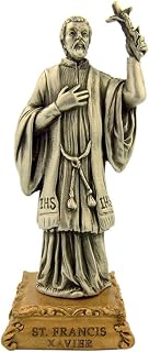 The Michelangelo Liturgical Sculpture Collection Pewter Saint St Francis Xavier Figurine Statue on Gold Tone Base, 4 1/2 Inch